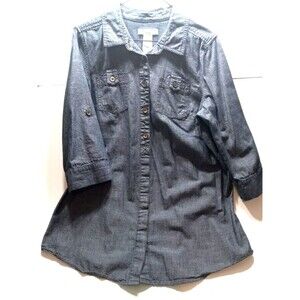 Denim 3/4 Sleeve Blouse Women's Liz Claiborne Petite Large Belt Loops Pockets